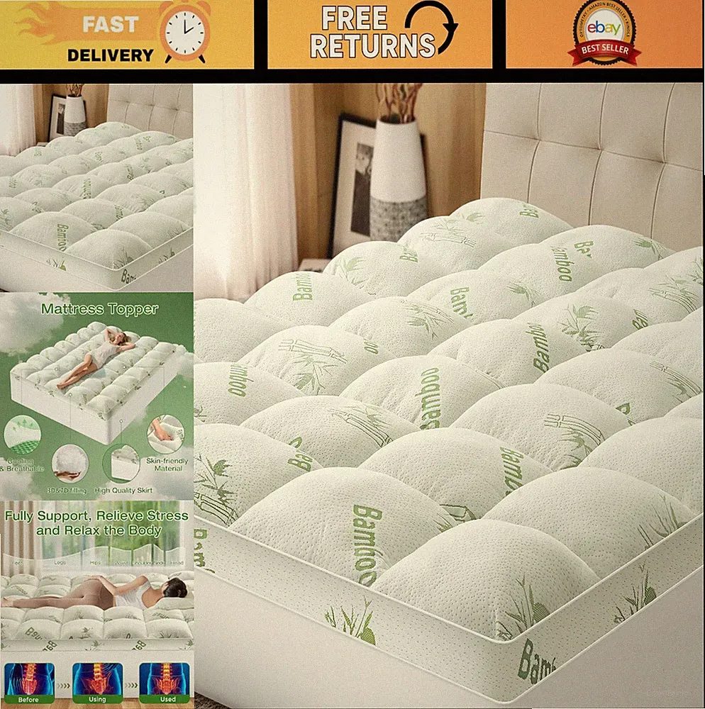 King Size Bamboo Mattress Topper Pillow Top Pad Cover Deep Pocket White