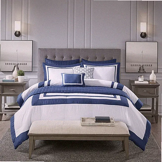 NEW!~ MODERN CHIC HOTEL LUXURY ELEGANT SOFT NAVY BLUE WHITE QUILT COMFORTER SET