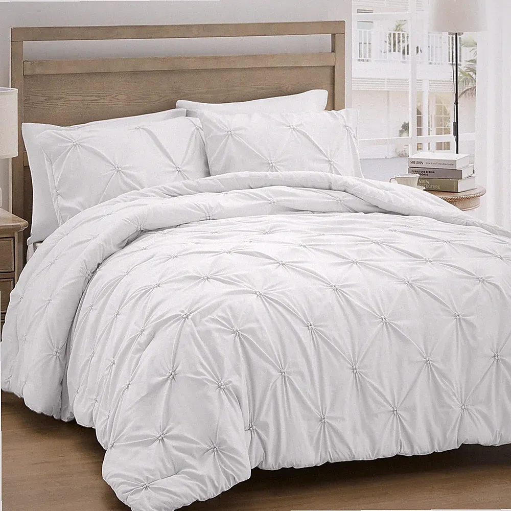 Queen Comforter Set White - Soft Fluffy Pintuck Down Alternative Bedding Set...